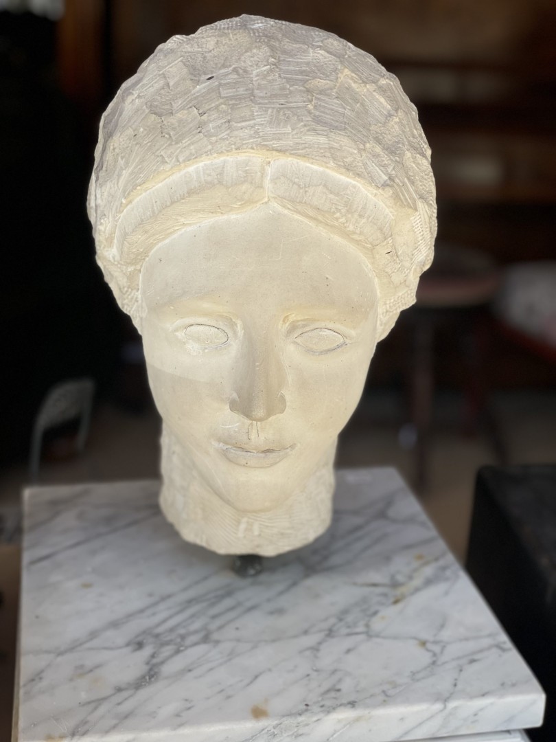 Handmade Cypriot Head Sculpture On Marble Base Circa 1960 1990 40Kg 30Cmx30Cmx43Cm (Wxlxh)