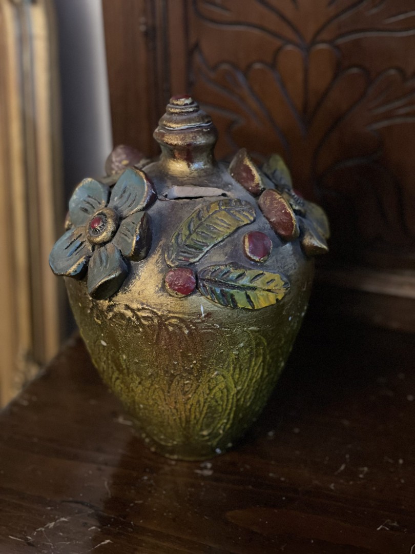 Handmade Cypriot Money Jar With Floral Design No. 6 (Circa 1980S) 1.5Kg 20Cmx20Cmx24Cm (Wxlxh)