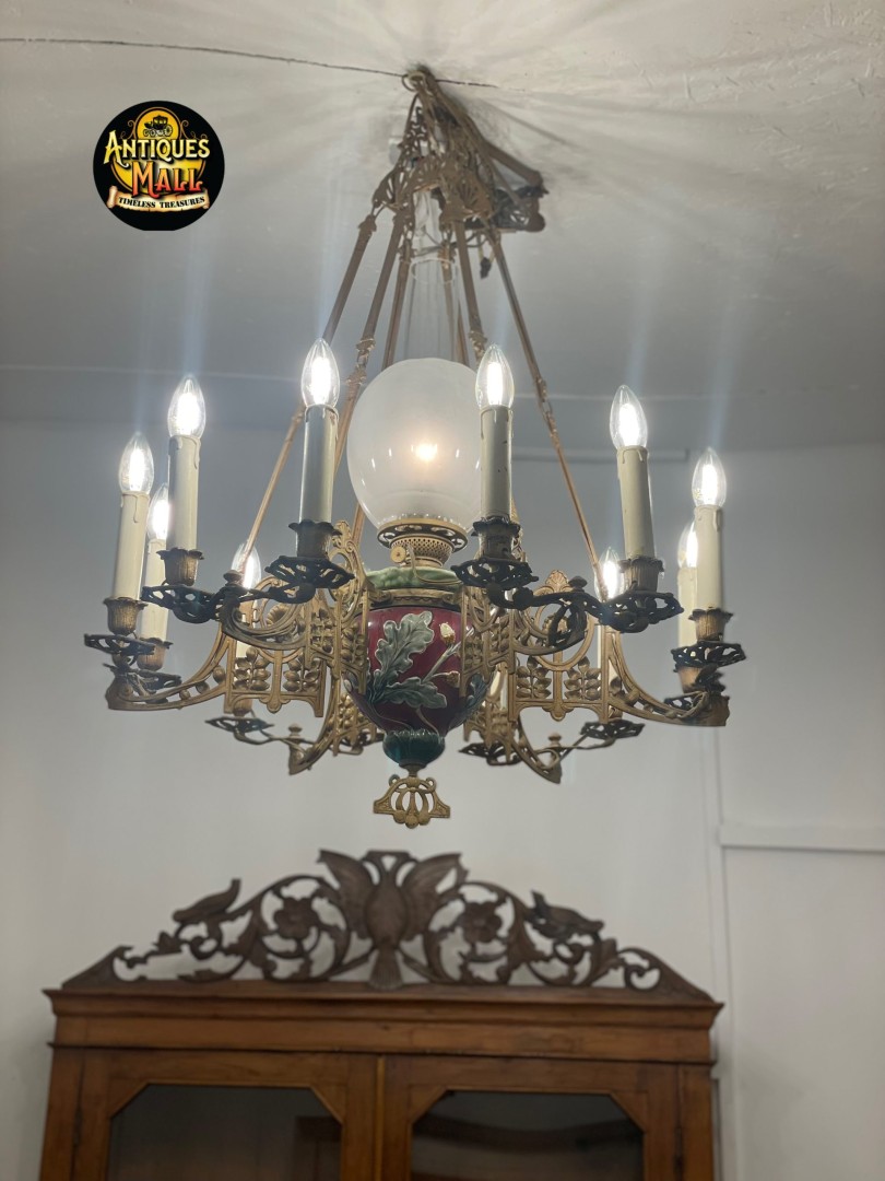 Stunning Antique Empire-Style Brass Chandelier With Hand-Painted Porcelain Centerpiece Circa Late 19Th Century 15Kg  (Wxlxh)