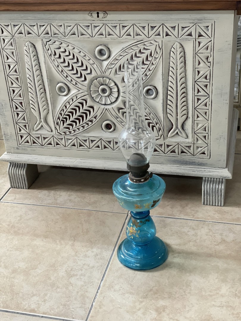Vintage Czechoslovakian Blue Glass Oil Lamp — Hand Painted Flowers — Original Burner — 1930S-1950S Antique Lighting 1.5Kg 14Cmx14Cmx51Cm (Wxlxh)