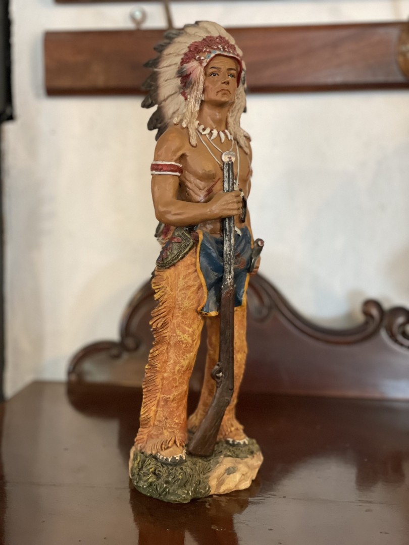 Native American Warrior Sculpture Feather Headdress & Rifle Circa Late 20Th Century 1Kg 10Cmx32Cm (Wxlxh)