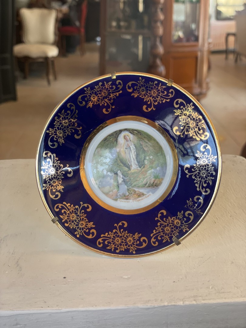 Vintage Lourdes De L’Apparition Decorative Plate - Blue And Gold Porcelain Limoges France 0.5Kg 11Cmx11Cmx11Cm (Wxlxh)