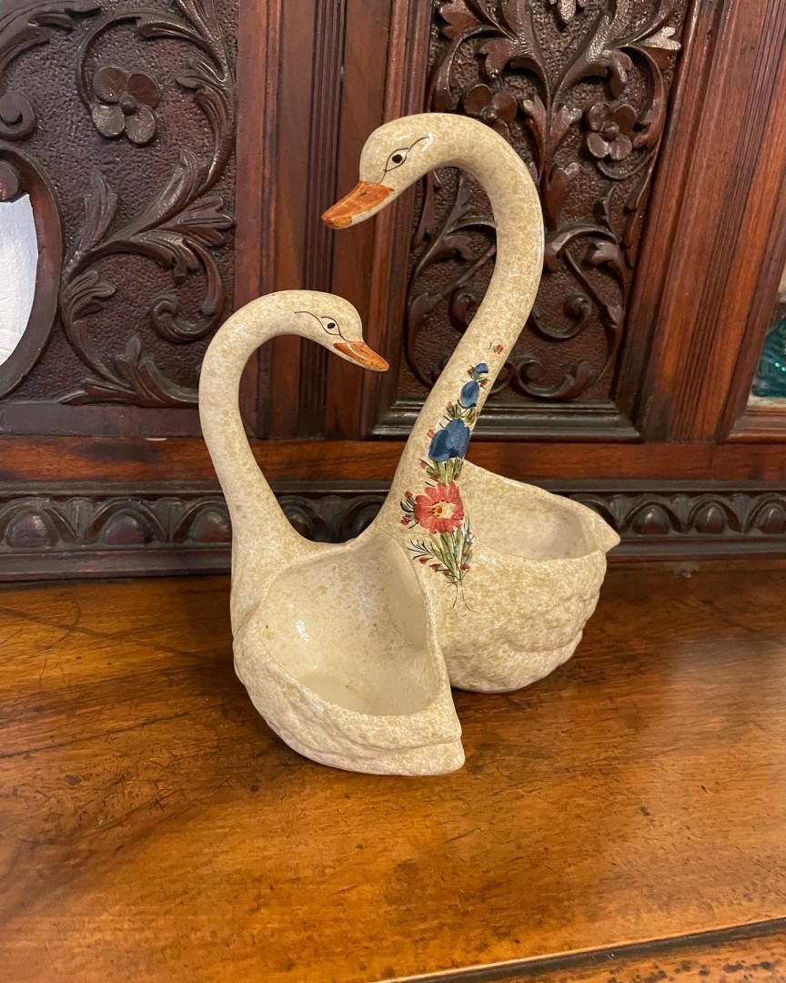 Vintage Double Swans Pottery With Floral Decor 1950S 3Kg 24Cm (Wxlxh)