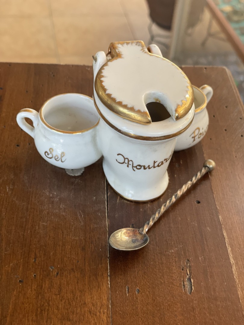 Antique French Porcelain Condiment Set - Mustard  Salt  And Pepper With Lid And Spoon 0.5Kg 13.5Cmx8Cmx7Cm (Wxlxh)