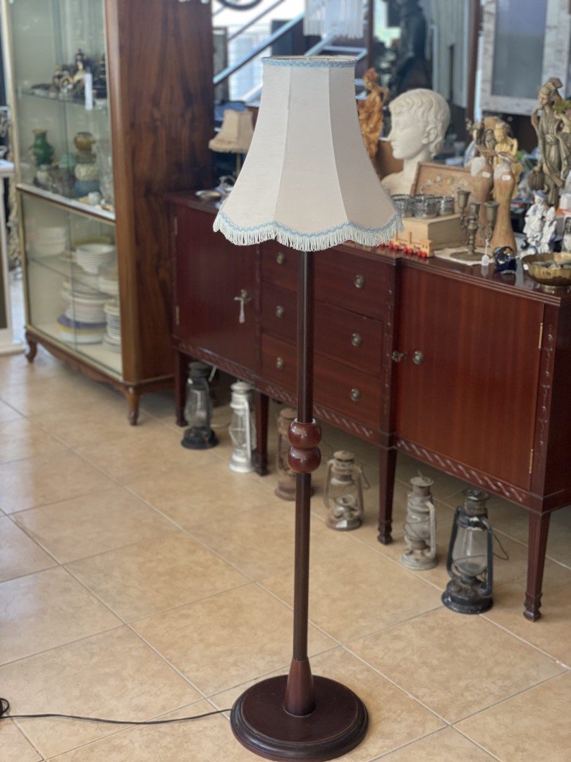 Vintage Wooden Floor Lamp With Fabric Shade - Classic Antique Lighting Piece C.1970 6Kg 37Cmx146.5Cm (Wxlxh)