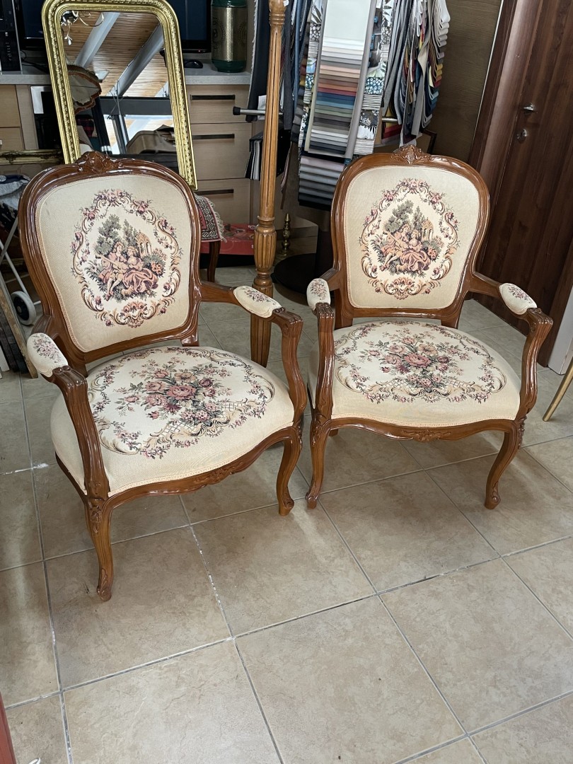 Pair Of Cypriot Handmade Louis Xv Style Armchairs Vintage Solid Wood With Romantic Tapestry Upholstery (1950S-60S) 50Kg 64Cmx53Cmx96Cm (Wxlxh)