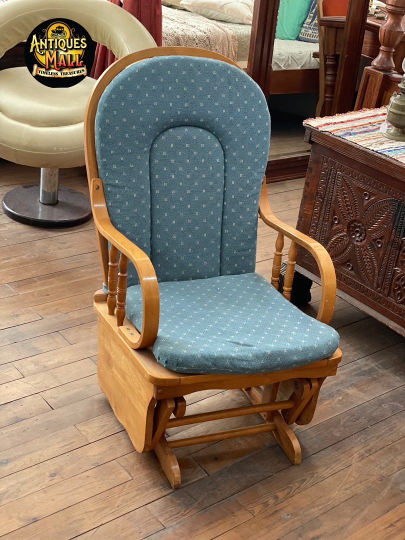 Vintage Wooden Glider Rocking Chair With Blue Cushions Classic Comfort & Timeless Design (1980S-1990S) 20Kg 52Cmx62Cmx96Cm (Wxlxh)