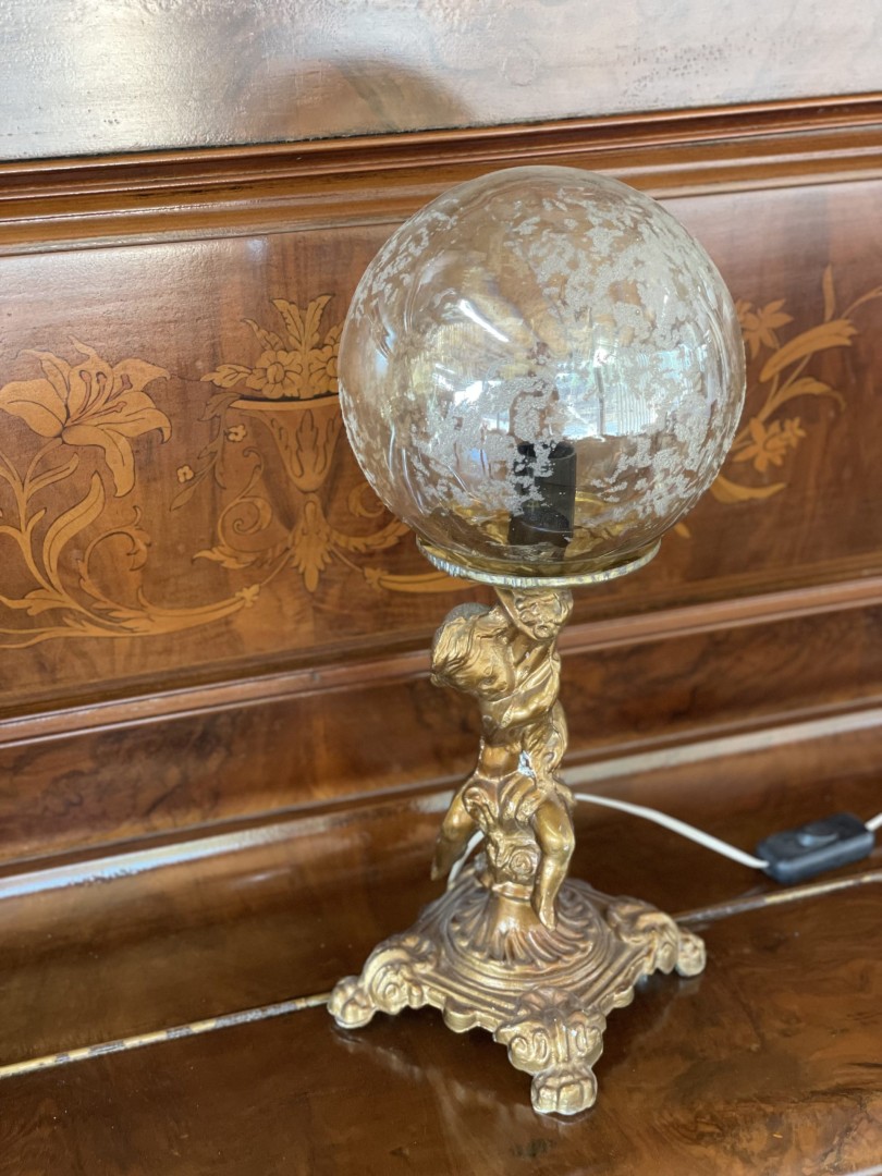 Vintage Mid-Century Brass Table Lamp With Cherub Base And Frosted Glass Globe 1.2Kg 37Cm (Wxlxh)