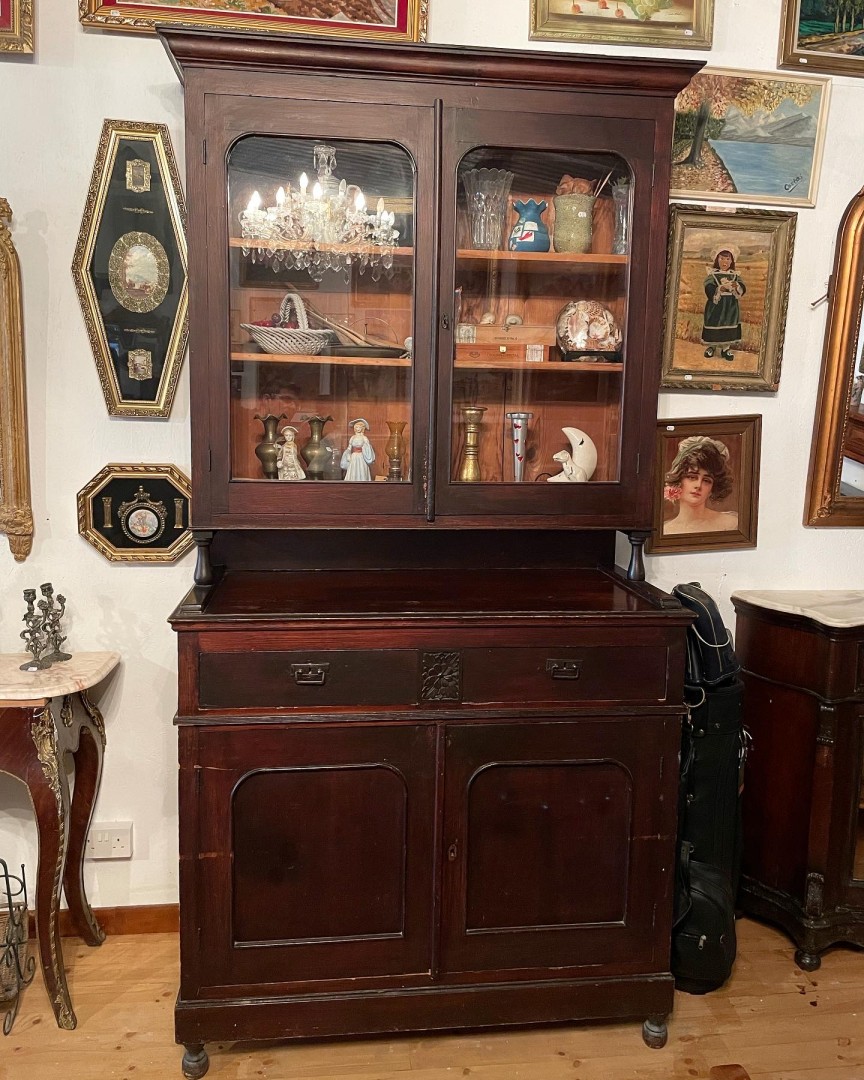 Cypriot Antique Display Cabinet C.~1920 With Woodcarved Daisy. 120Kg 125Cmx55Cmx238Cm (Wxlxh)