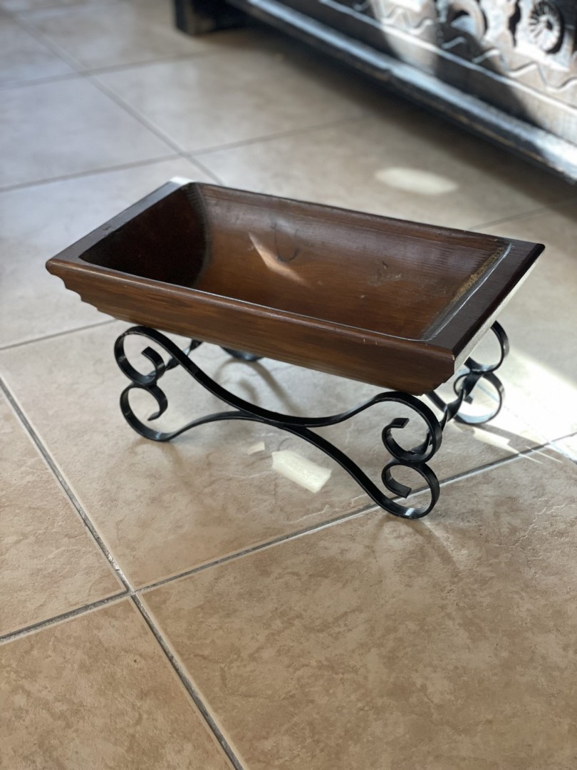 Vintage Rustic Wooden Bowl On Wrought Iron Stand Handcrafted Charm From The Mid-Late 20Th Century 2Kg 37Cmx21Cmx19Cm (Wxlxh)