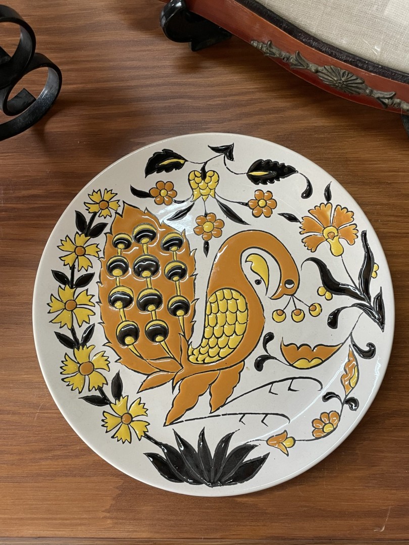 Handmade Greek Ceramic Plate By Tassoulis Vintage Mid-Late 20Th Century Peacock And Floral Design Wall Art Or Table Display 0.8Kg 24Cmx24Cm (Wxlxh)