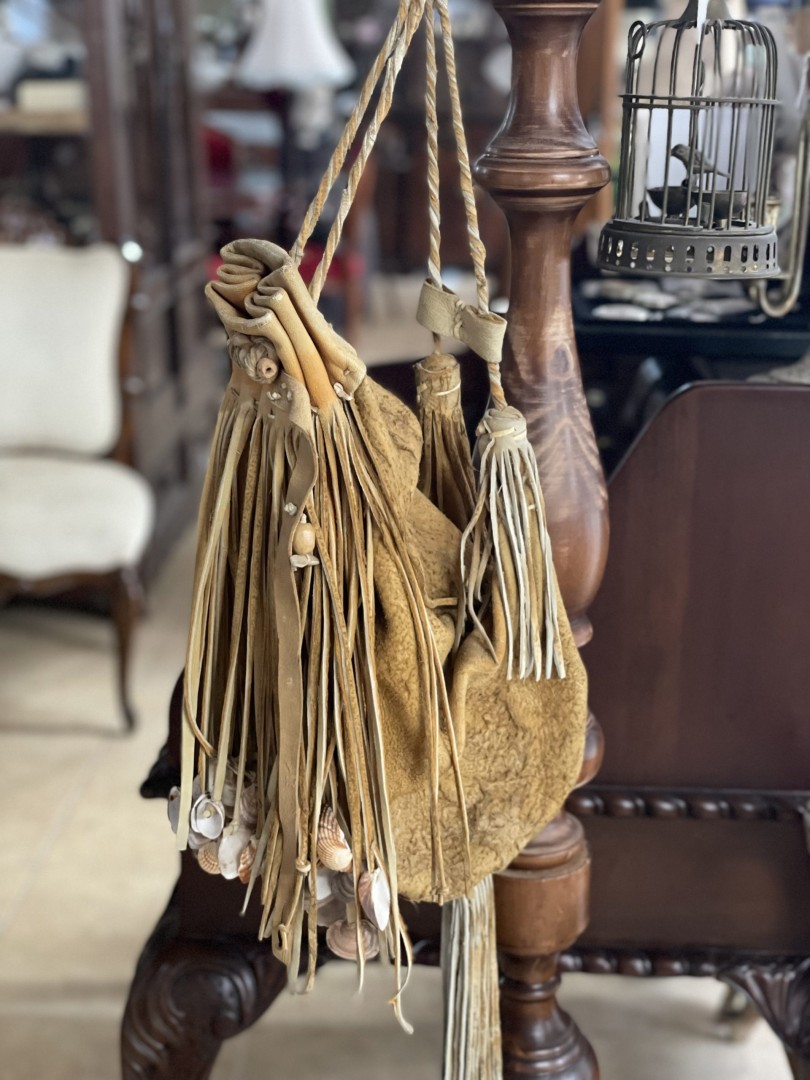 Vintage Handcrafted Leather Bag “Βούρκα’’ With Fringe And Shell Accents  1970S Bohemian Style 1.5Kg 60Cm (Wxlxh)