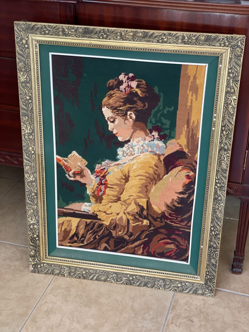 Vintage Handcrafted Needlepoint Art “The Reader” Framed Embroidered Wall Decor Inspired By 18Th Century Rococo Style 1970S-1980S 5Kg 63Cmx83Cm (Wxlxh)
