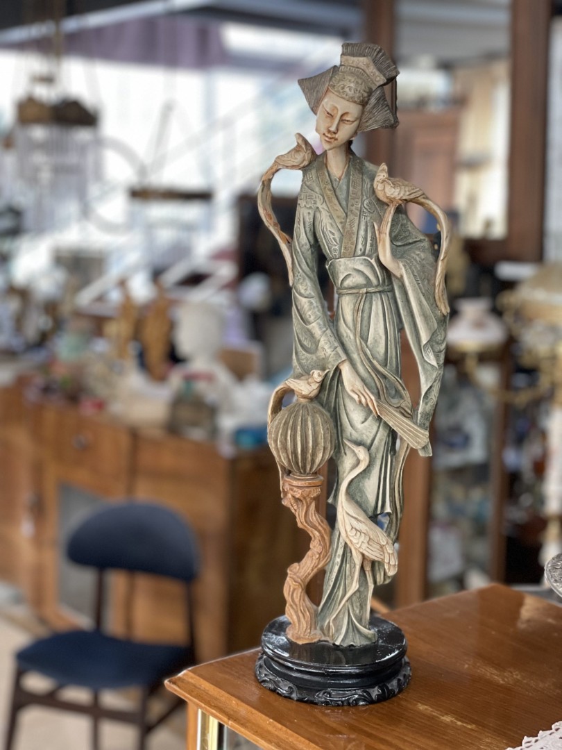 Vintage Chinoiserie Female Statuary Of Good Luck ~1940. 2Kg 48Cm (Wxlxh)