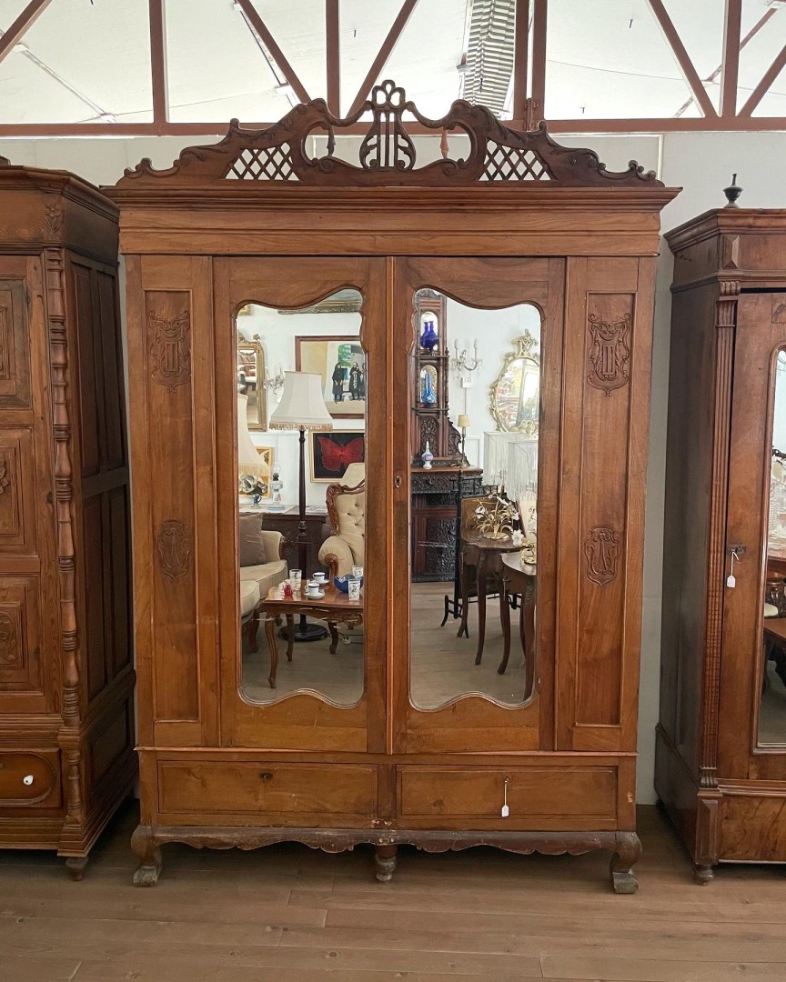 Cypriot Handcarved Walnut Wardrobe With Lyre Motif 1930S 150Kg 161Cmx49Cmx248Cm (Wxlxh)