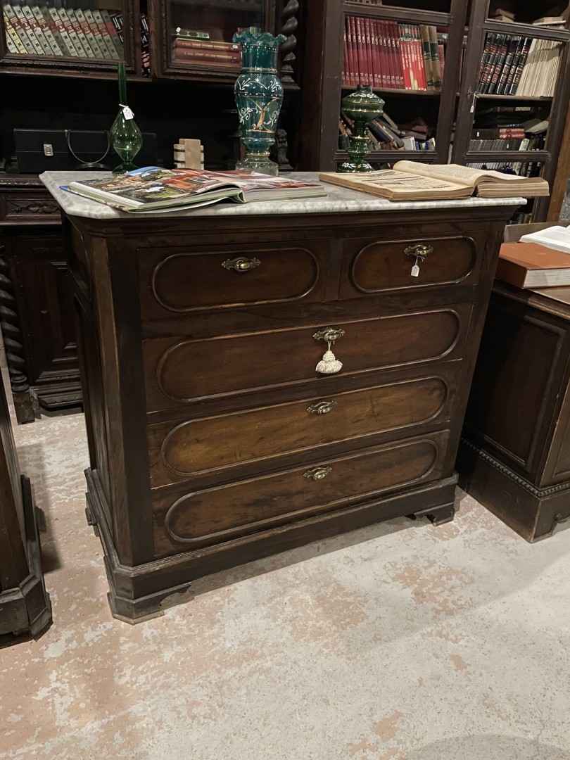 Antique Walnut Wooden Dresser With Marble Top - Circa 1900 100Kg 120Cmx55.5Cmx108Cm (Wxlxh)