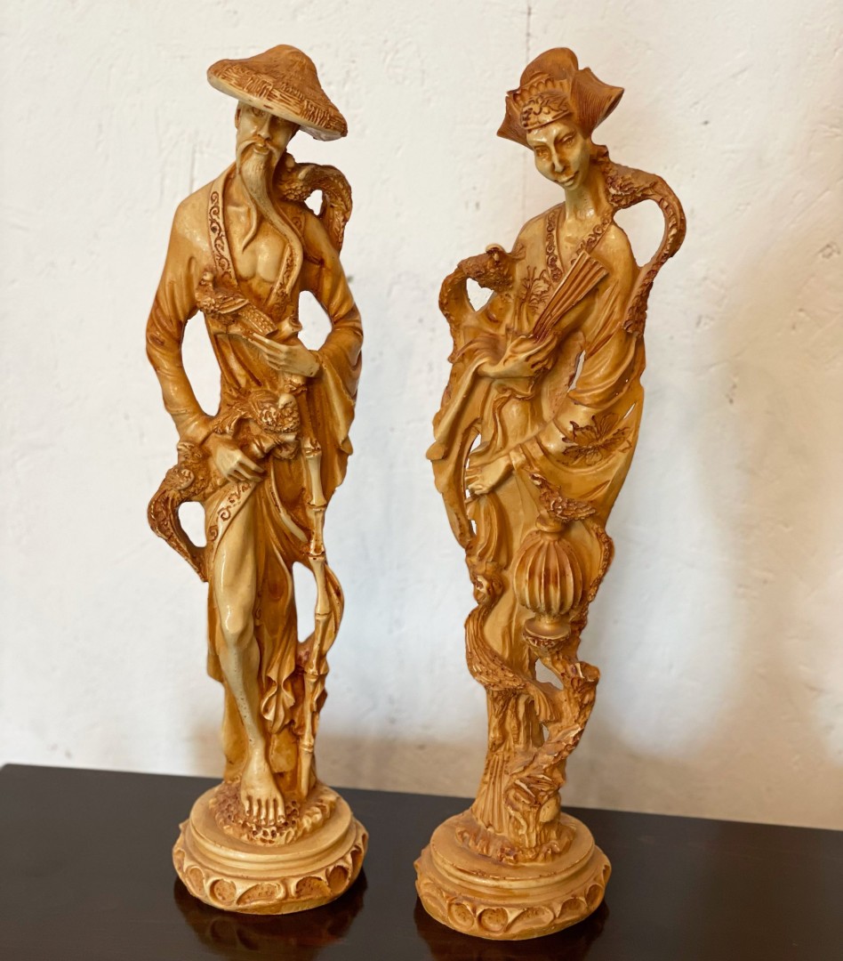 Vintage Chinoiserie Male And Female Statuary Of Good Luck ~1940. 4Kg 11Cmx11Cmx47Cm (Wxlxh)