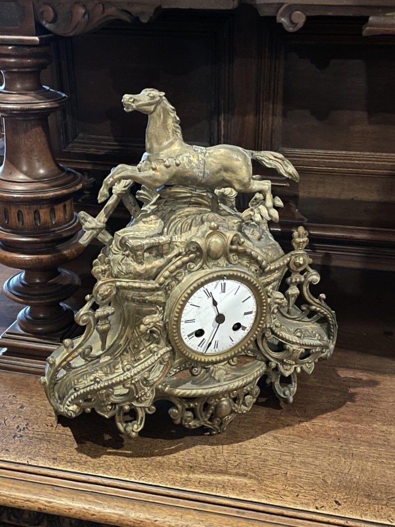 Antique 19Th Century French Gilded Mantel Clock With Horse Motif Circa 1850 10Kg 30Cmx10Cmx33Cm (Wxlxh)