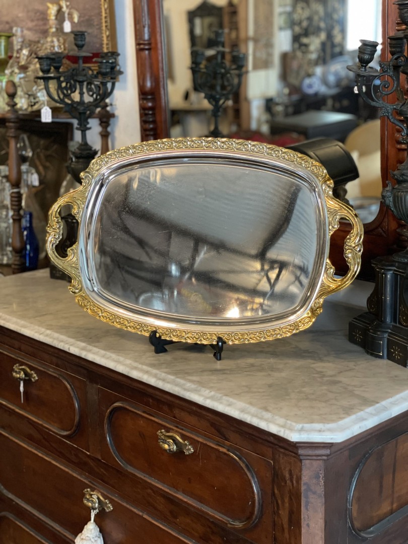 Vintage Ornate Silver & Gold Serving Tray 25-Year Steel Guarantee 1.8Kg 60Cmx37Cm (Wxlxh)
