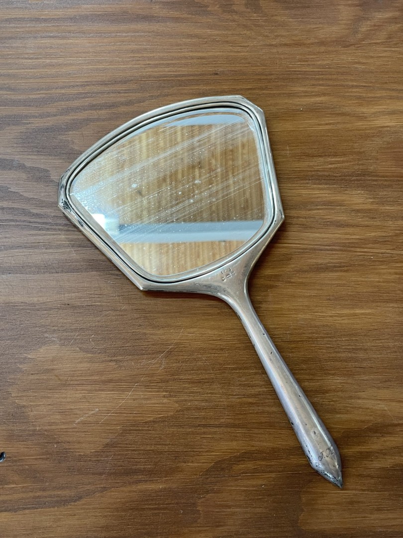 Vintage Art Deco Hand Mirror With Geometric Lines Circa 1920S-1930S 0.3Kg 14Cmx25Cm (Wxlxh)