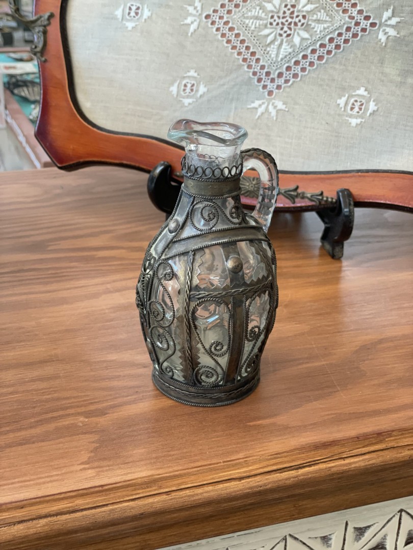1930 1950 Handcrafted Glass Pitcher With Ornate Metal Overlay 1Kg 9Cmx9Cmx16Cm (Wxlxh)