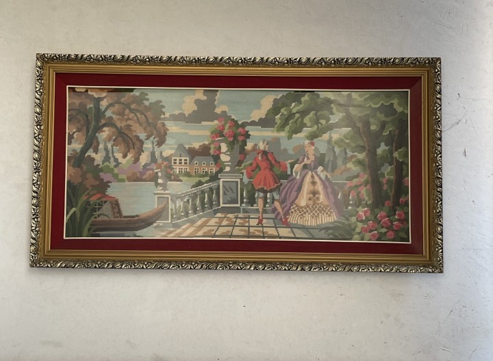 Handmade Large Framed Embroidery Artwork - Romantic Garden Scene 10Kg 130Cmx69Cm (Wxlxh)