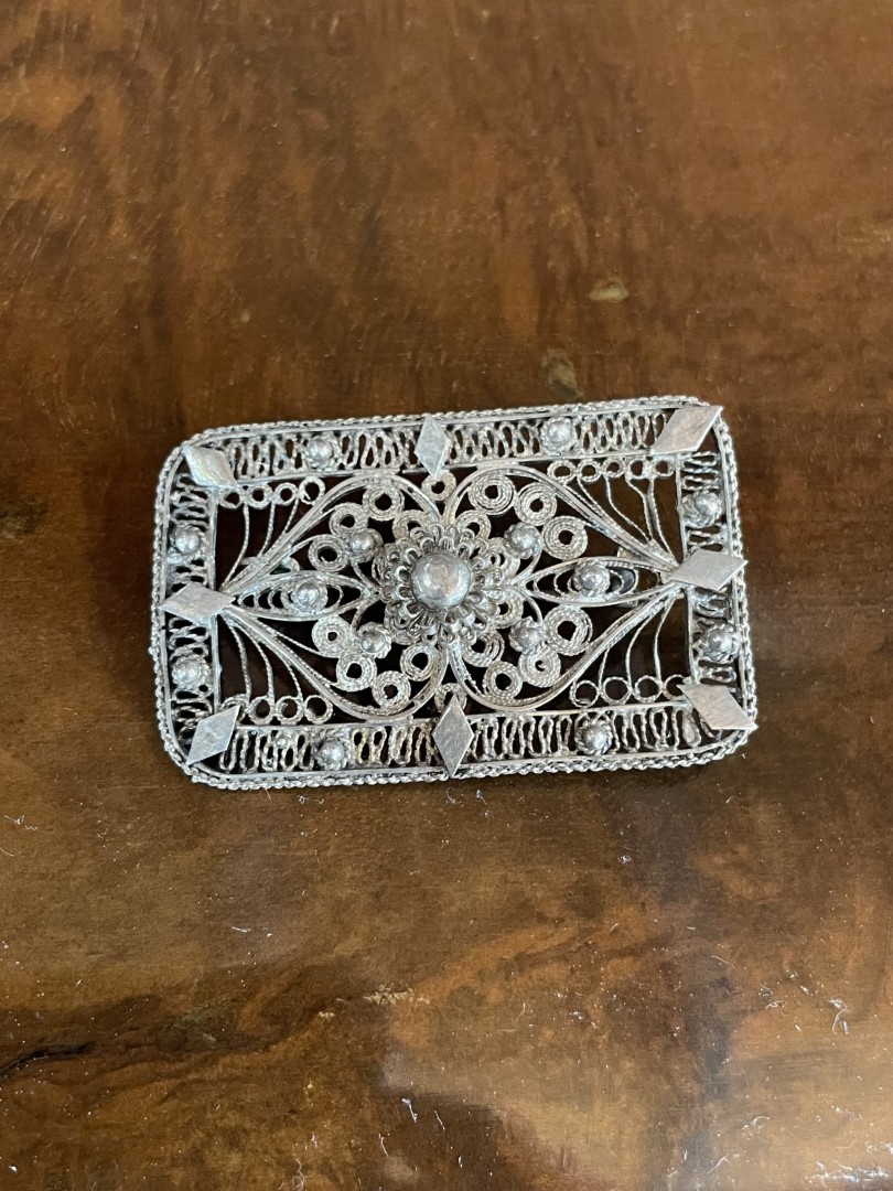 Antique Handmade Greek Filigree Silver Brooch Circa 1950S Intricate Floral Design 0.8Kg 5Cmx3Cm (Wxlxh)