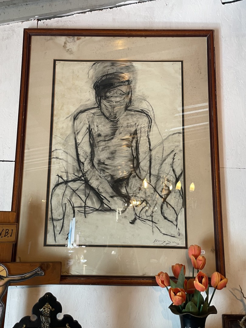 Rare Original Drawing By Cypriot Artist Dimitris Michlis “Seated Inner Figure” (Late 20Th Century) 5Kg 75Cmx95Cm (Wxlxh)