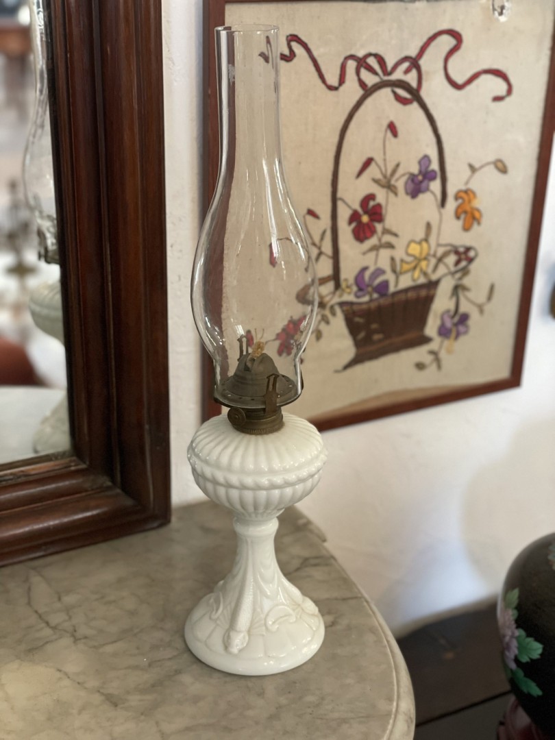 Antique White Milk Glass Oil Lamp With Embossed Koi Fish Late 19Th Century Victorian Charm 1.5Kg 11Cmx11Cmx47Cm (Wxlxh)