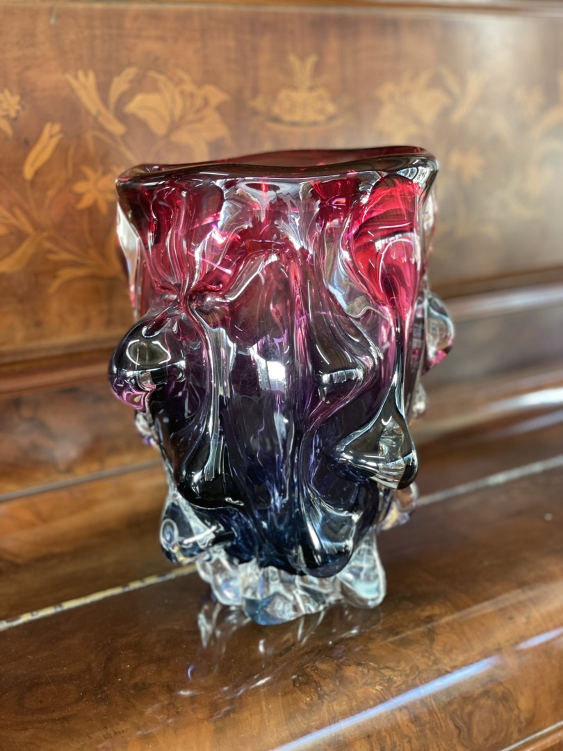 Vintage Murano Art Glass Vase - Ruby And Purple Swirl 3.4Kg 19Cmx17Cmx24Cm (Wxlxh)