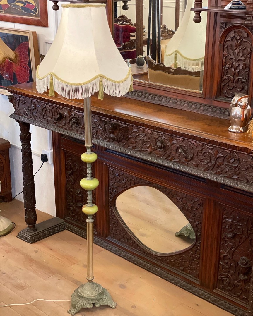1950S Carved Bronze And Onyx Gemstone Floor Lamp With Fringe Cap 50Kg 43Cmx43Cmx150Cm (Wxlxh)
