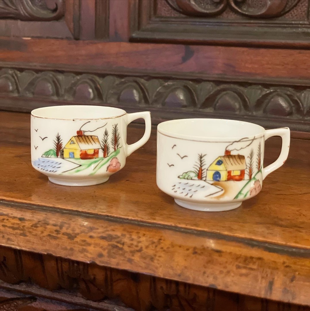 Mid-Century Coffee Cups: Small  Colorful  With Lake And Garden Home Scene 0.3Kg  (Wxlxh)