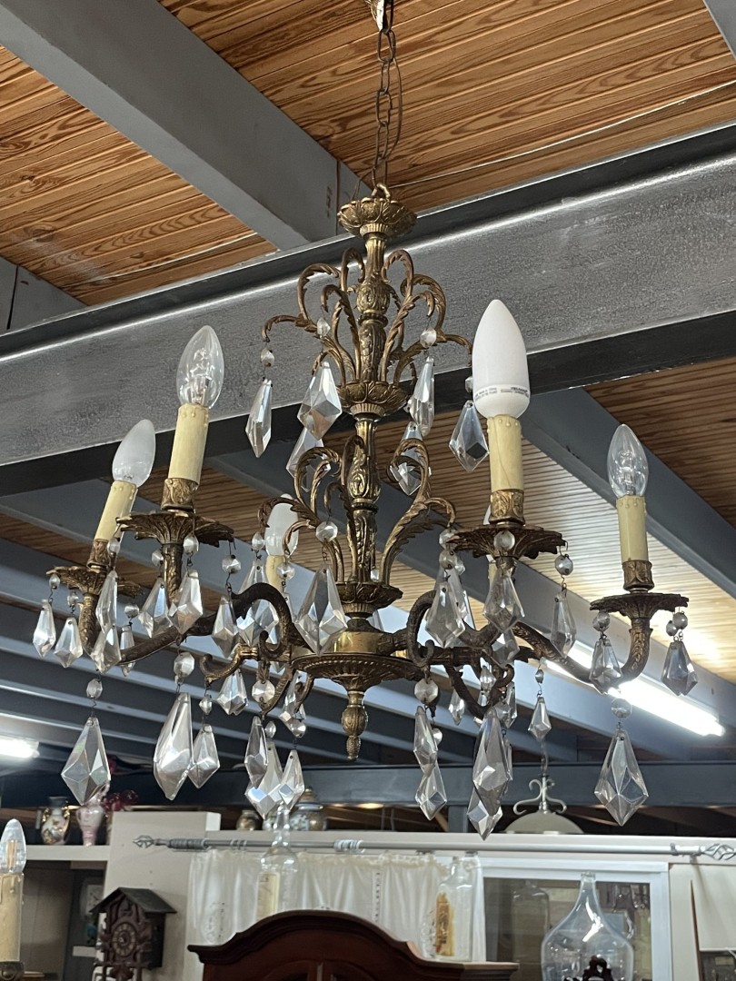 Glamorous Radiance: Vintage 6-Arm Brass And Crystal Chandelier (C.1930) 27Kg 60Cmx60Cmx90Cm (Wxlxh)
