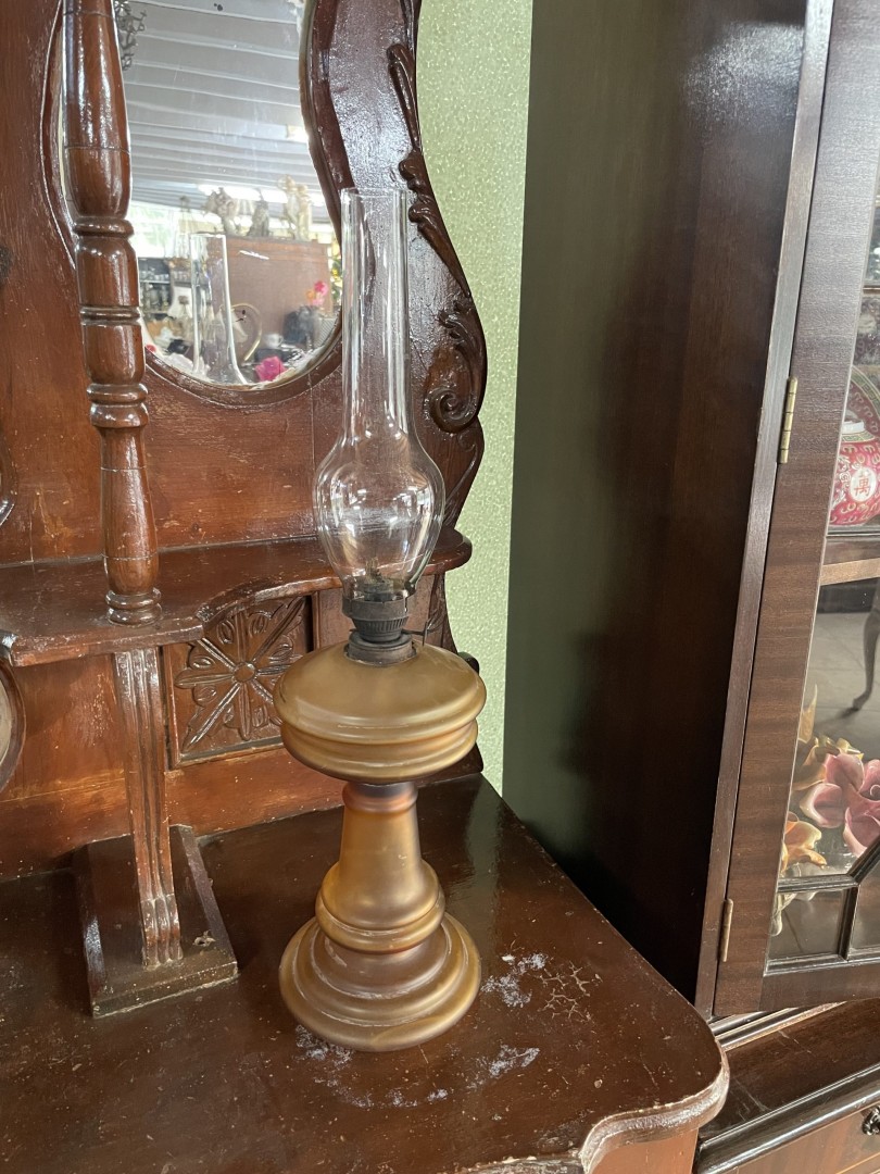 Antique Amber Glass Oil Lamp With Tall Glass Chimney - Circa 1930S Early 20Th Century 1.5Kg 13Cmx48Cm (Wxlxh)