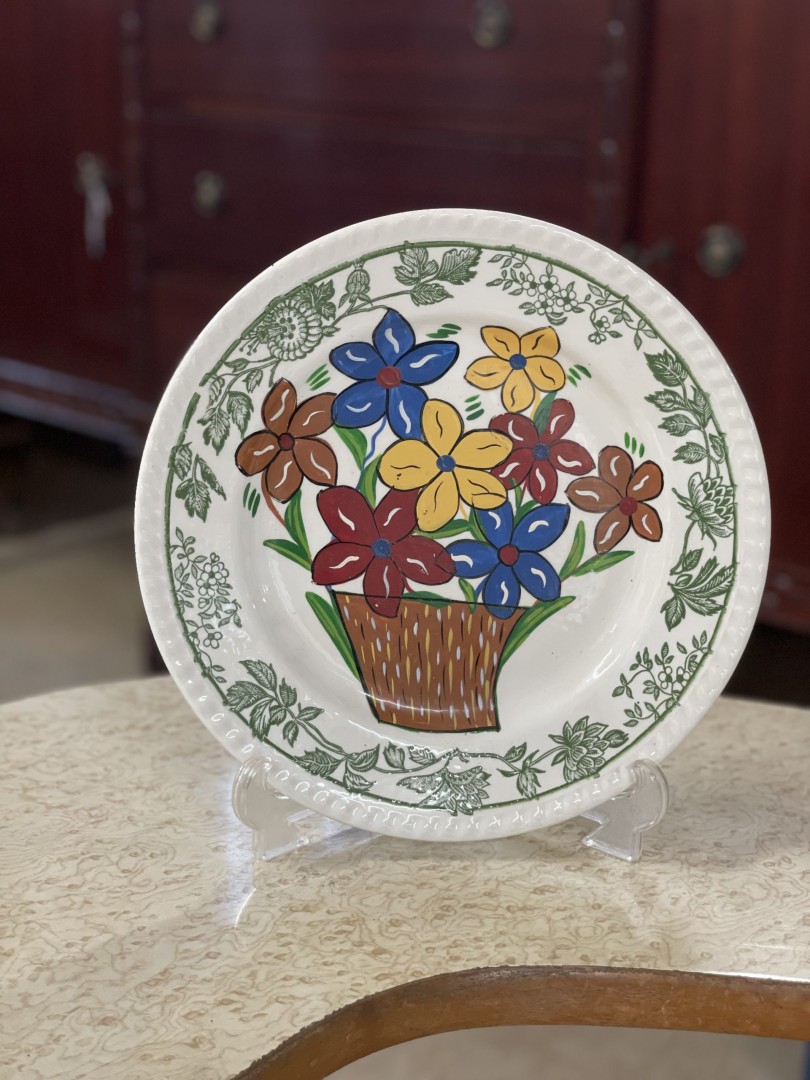 Vintage Hand-Painted Floral Ceramic Plate Basket Of Colorful Blooms 1Kg 25Cmx25Cm (Wxlxh)