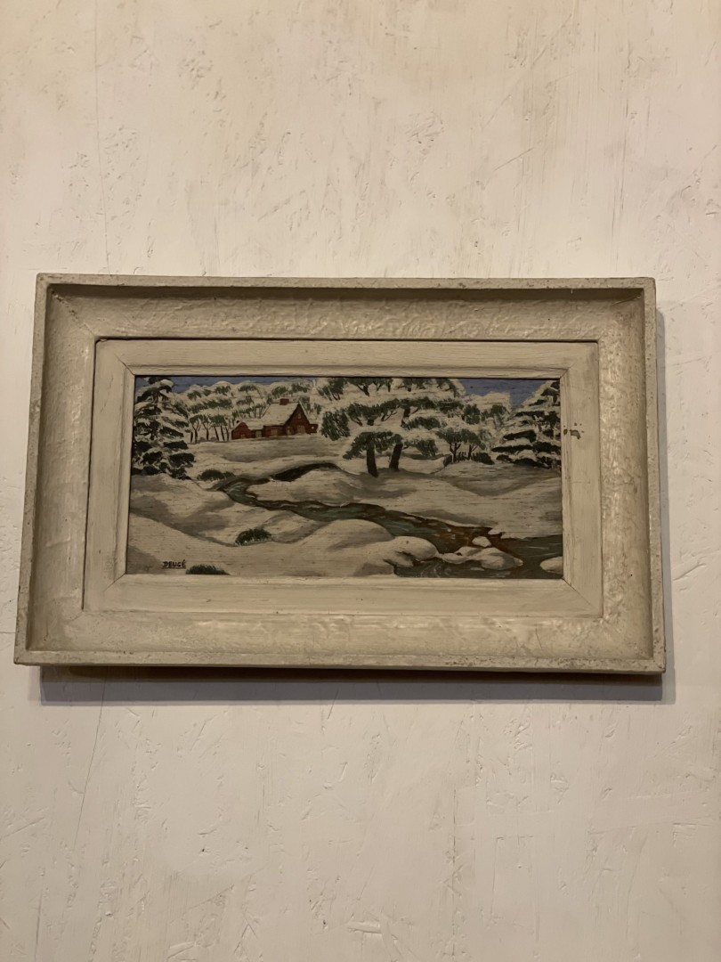 Rustic Winter Landscape Painting By Deugé Snowy Countryside Scene  Mid-20Th Century 1Kg 24Cmx38Cm (Wxlxh)
