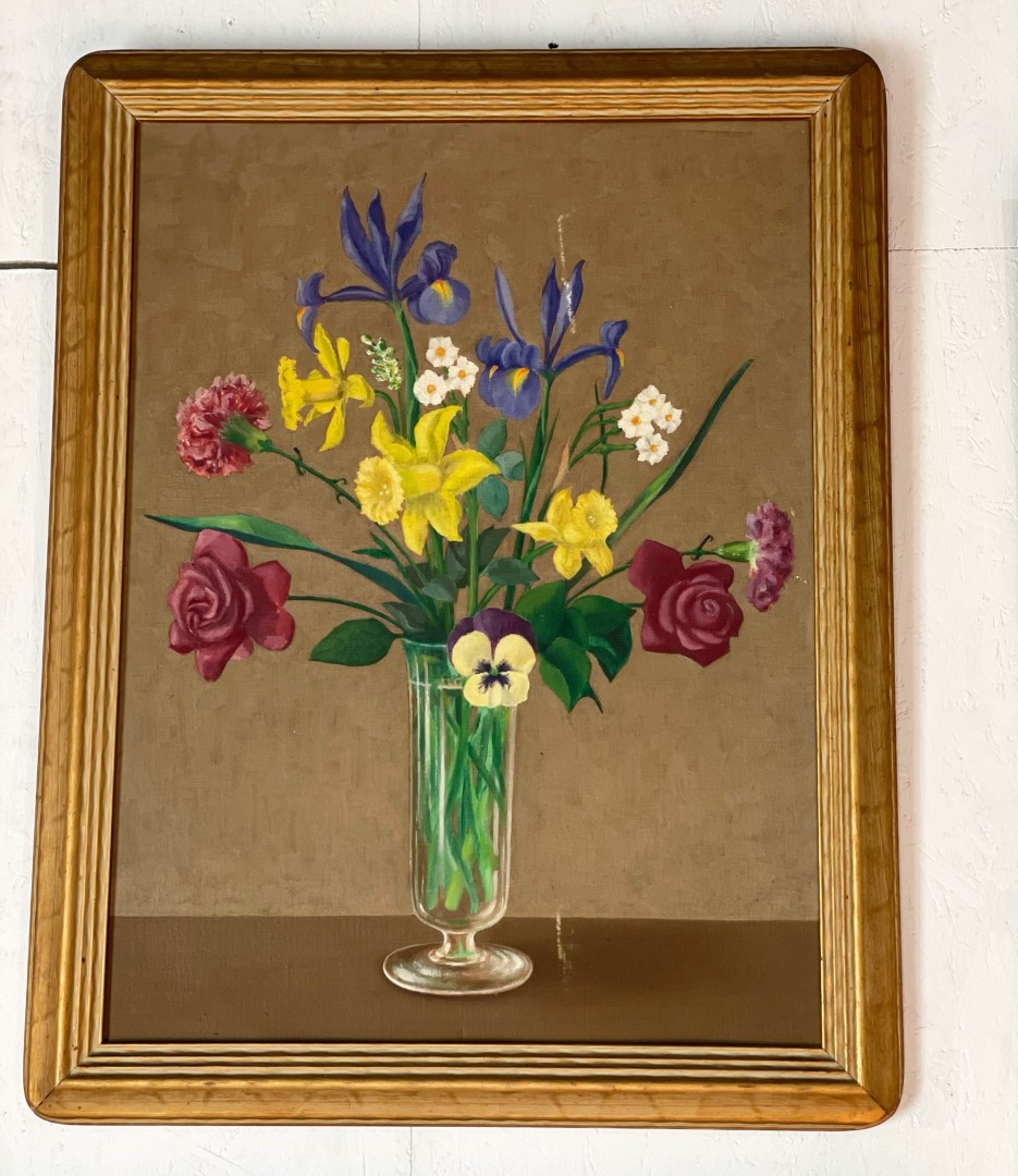 Vintage Floral Masterpiece: Handmade Painting Of Flowers In Vase  Circa 1940 1.5Kg 55Cmx69.5Cm (Wxlxh)