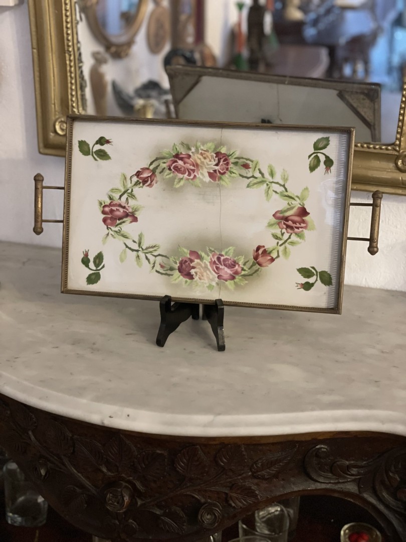 Antique Hand-Painted Porcelain Floral Tray With Brass Frame Made In Czechoslovakia (1930S) 3Kg 45Cmx24Cm (Wxlxh)