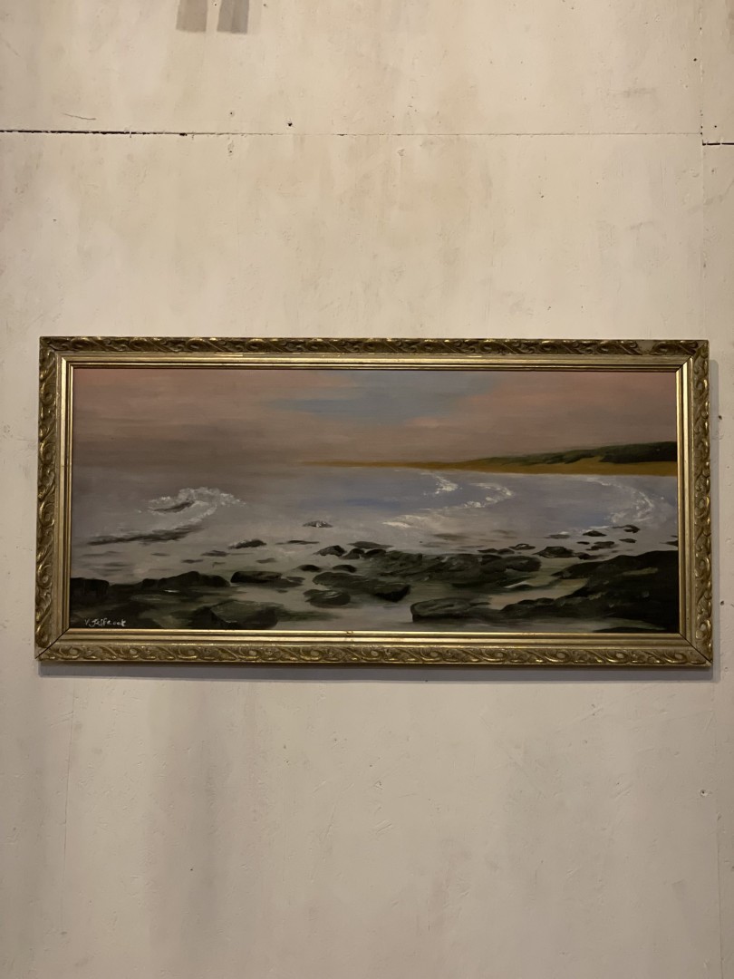 Seaside Landscape Oil Painting By V. Jeffcoat Coastal Serenity  Mid-20Th Century 2.5Kg 90Cmx44Cm (Wxlxh)