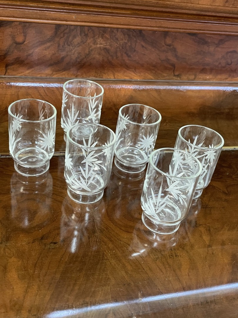 Set Of 6 Vintage Hand-Etched Floral Glasses  Small Size  Mid-20Th Century 1.5Kg 4Cmx5.7Cm (Wxlxh)