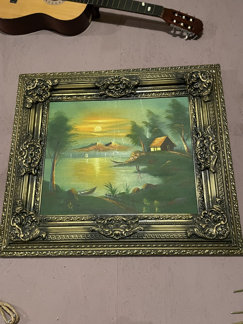 Vintage Sunset Landscape Oil Painting In Ornate Gilded Frame Mid-To-Late 20Th Century 7Kg 85Cmx75Cm (Wxlxh)