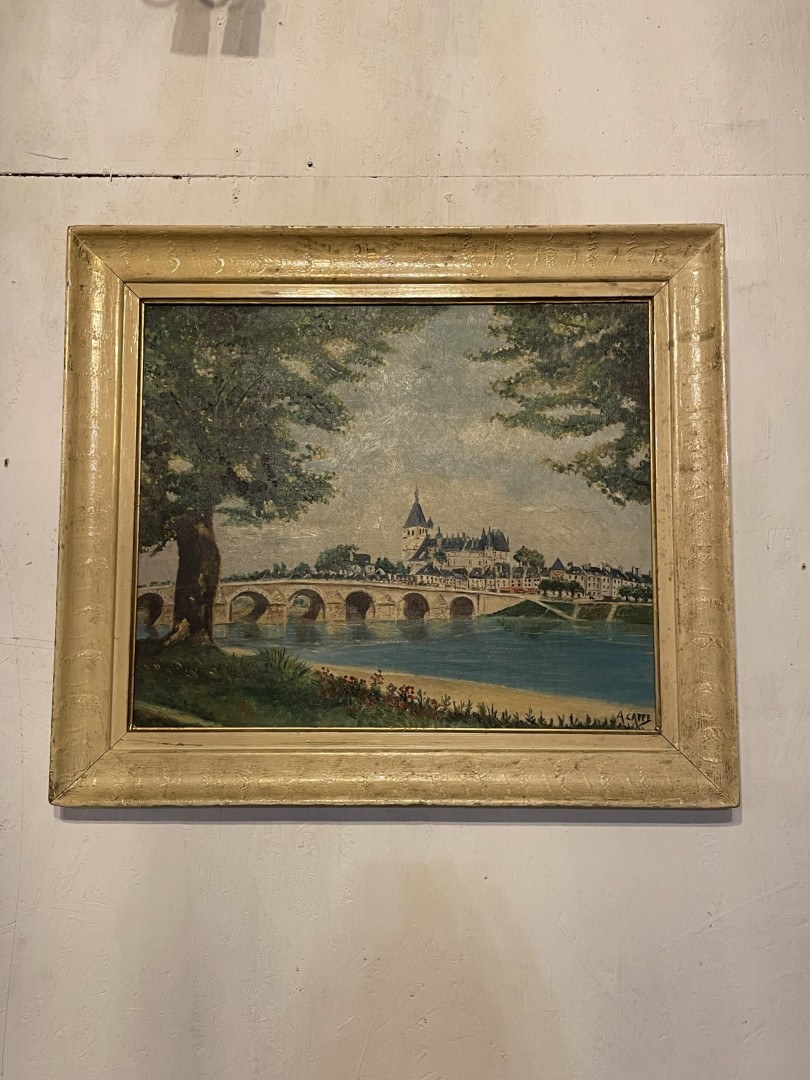 Vintage Oil Painting By A. Cappe French Countryside With Historic Bridge  Early 20Th Century 3Kg 68Cmx60Cm (Wxlxh)