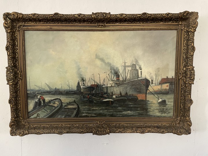 Harbor Scene Oil Painting On Canvas By H. Vissers - Vintage Maritime Art 25Kg 118Cmx79Cm (Wxlxh)