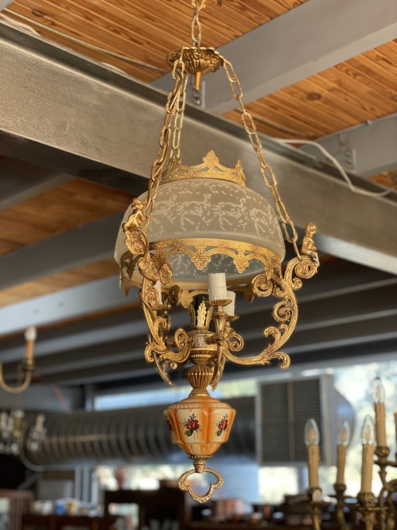 Vintage Ornate Brass Hanging Chandelier With Painted Glass Details - A Masterpiece Of Elegance 5Kg 37Cmx100Cm (Wxlxh)