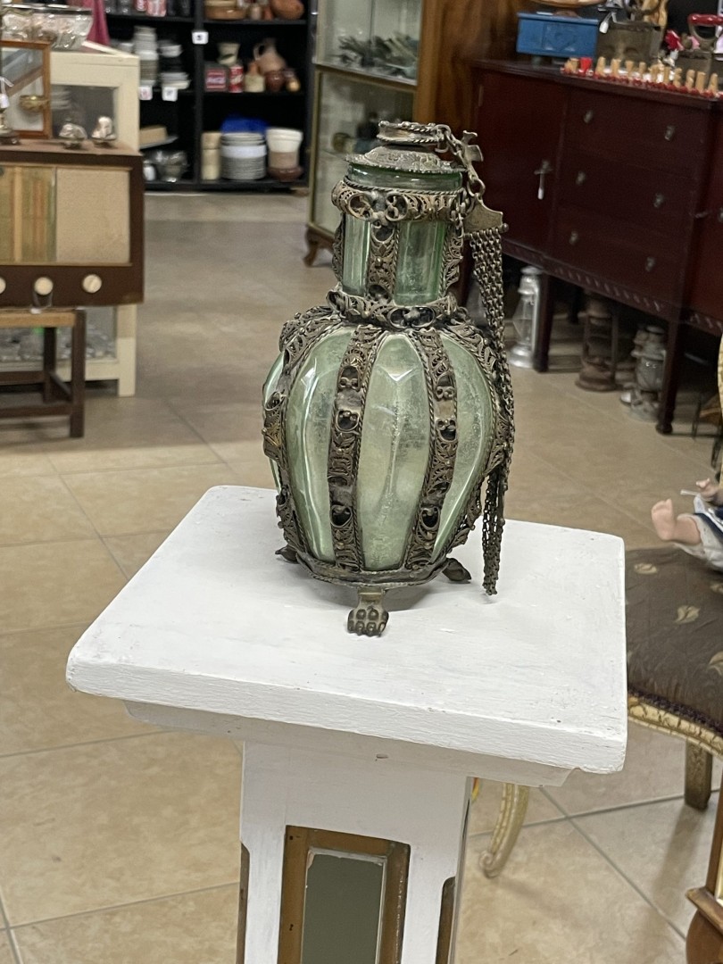 Antique Middle Eastern Glass Perfume Bottle With Ornate Metal Overlay C.1880 2Kg 12Cmx23Cm (Wxlxh)