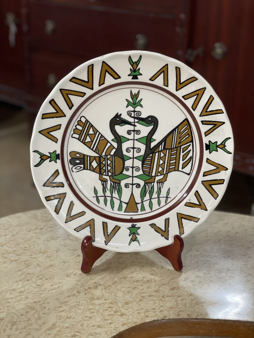 Vintage Italian Decorative Ceramic Plate Folk Art Peacocks Design By Galletti 0.8Kg 25Cmx25Cm (Wxlxh)