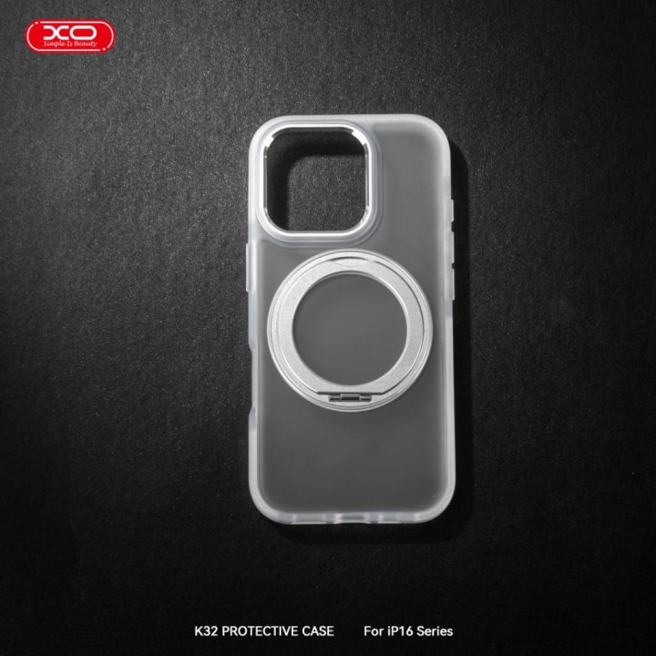 Xo K32 Ip 16 Pro Max 6.9"360°Rotating Round Magnetic Stand Tpu+Acrylic Phone Case White