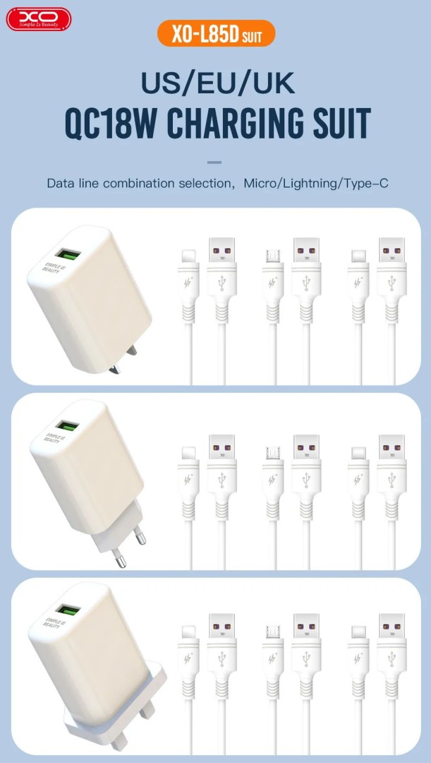 Xo L85D (Uk) Qc3.0 18W With Lightning Cable (Nb111) - charger (white)