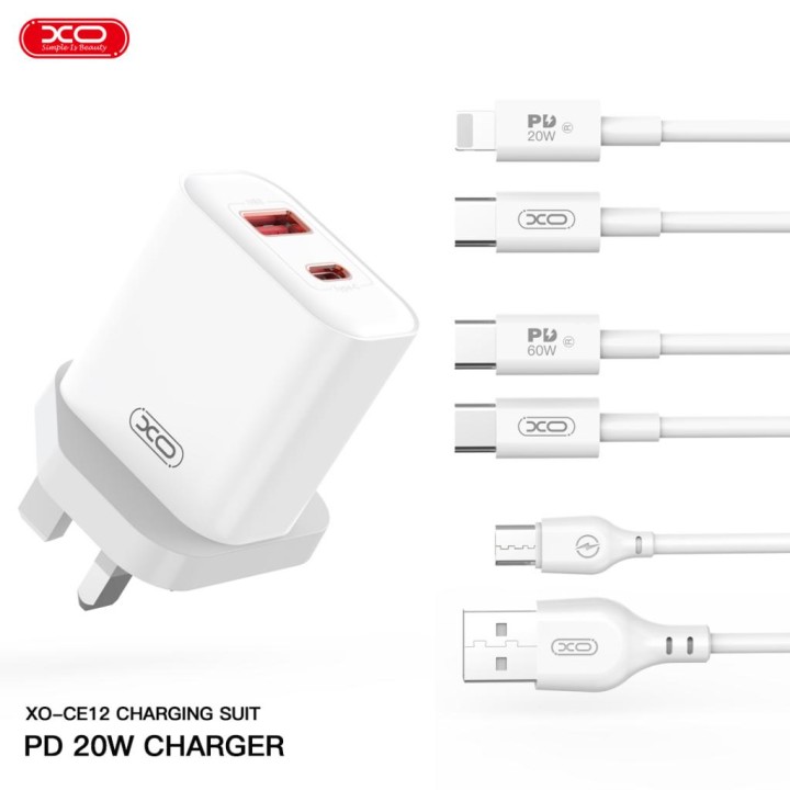 Xo Ce12 (Uk) Usb-C 20W/Usb-A 18W Fast Charging Charger With Lightning Cable (Materials Are Ce Certified) (white)