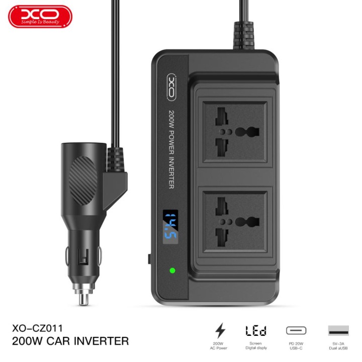 Xo Car Inverter 200W, 2xUSB-A + USB-C + 2xAC, black - CZ011